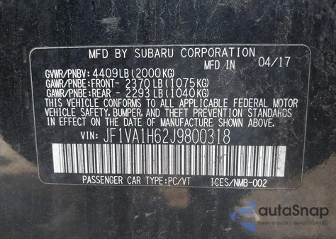 2018 Subaru Wrx Limited из США, поврежденный, VIN JF1VA1H62J9800318